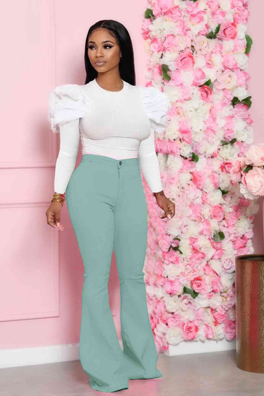 Fancy Sleeve Top and Flare Pants Set