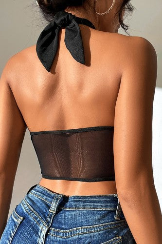 Mesh halter neck tie crop top