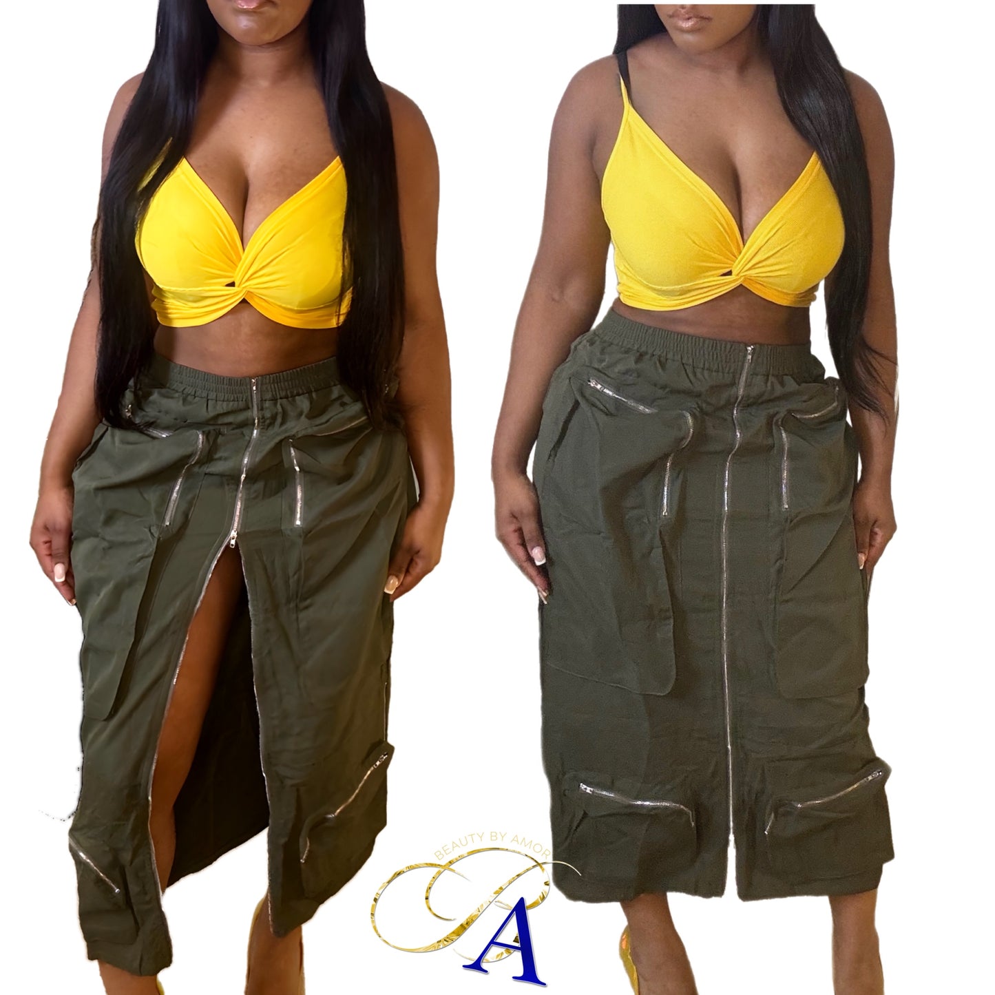 Olive Cargo Zipped Skirt