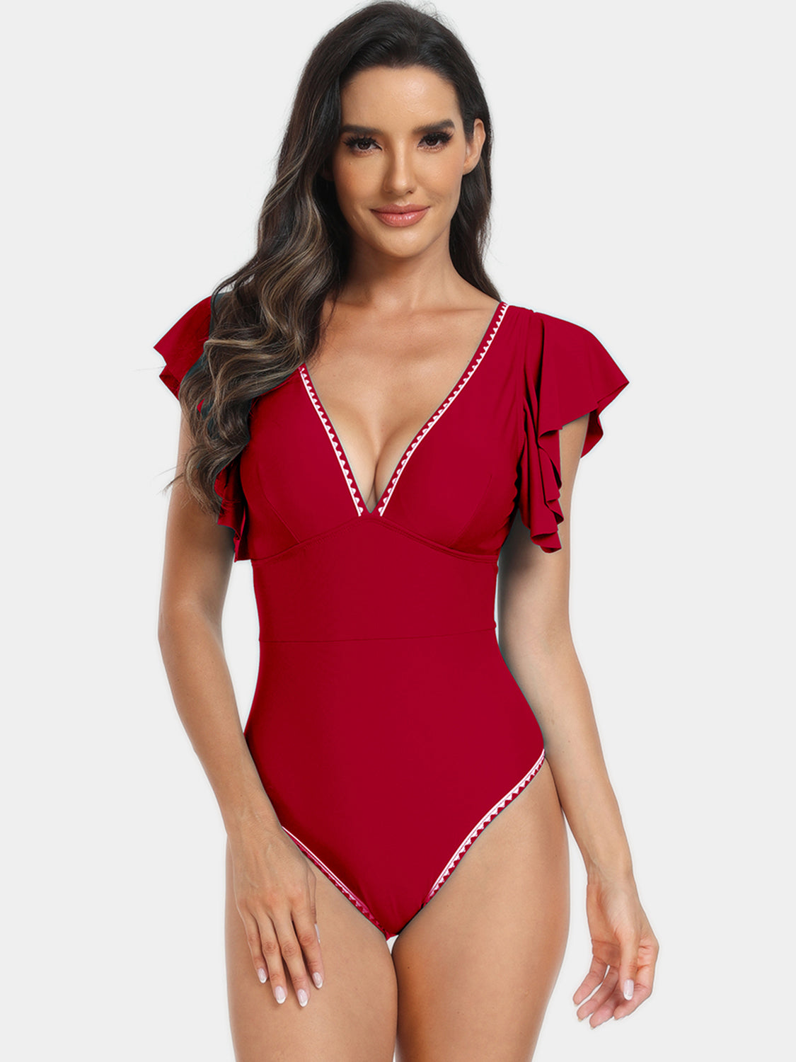 Plunge Cap Sleeve One-Piece Swimwear