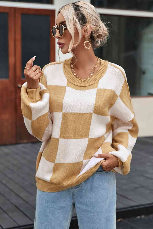 Checkered Exposed Seam Drooped Shoulder Sweater