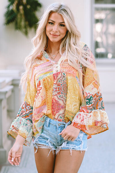 Double Take Printed Lace Trim Buttoned Blouse