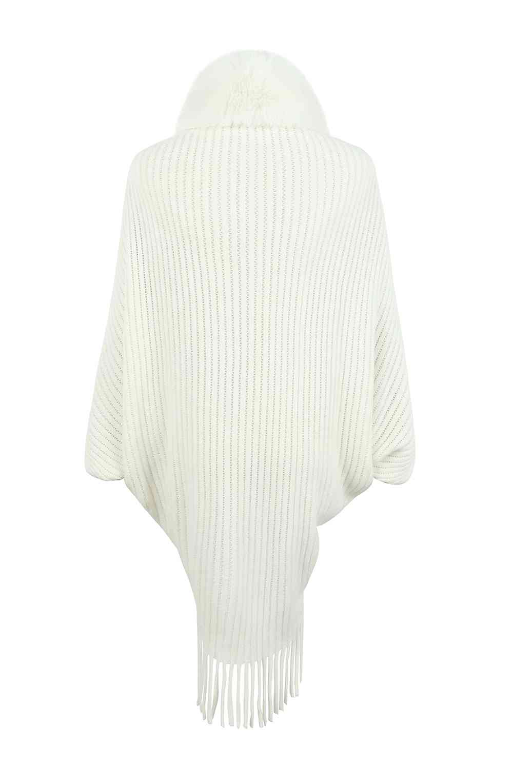 Fringe Detail Long Sleeve Ribbed Poncho