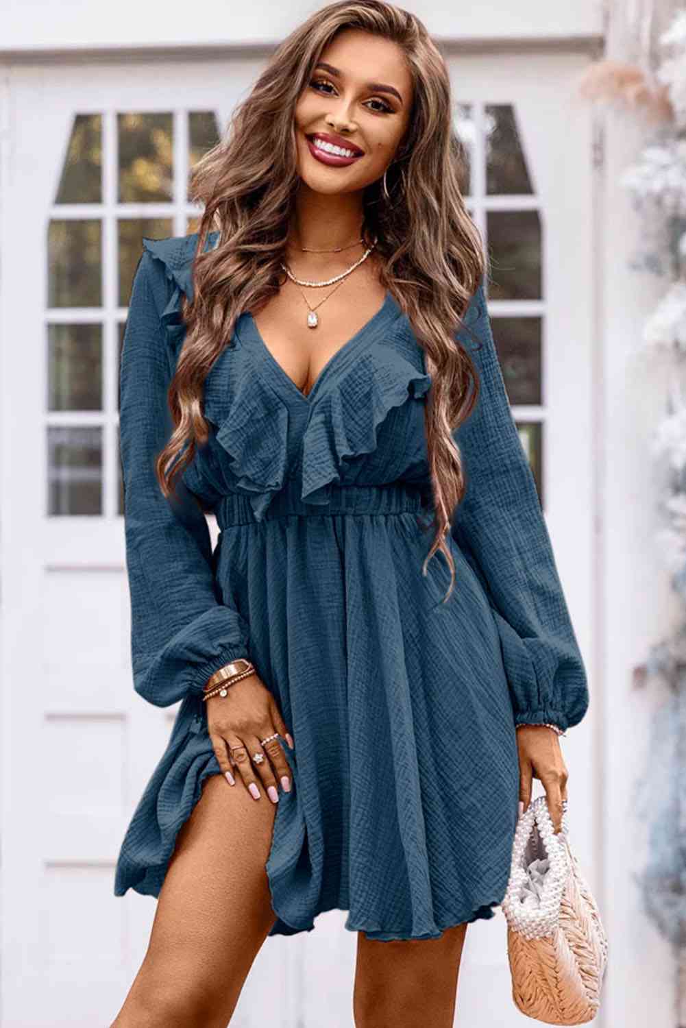 Ruffle Trim V-Neck Long Sleeve Mini Dress