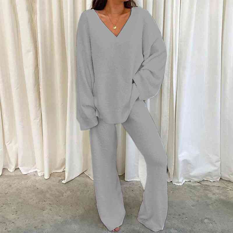 V-Neck Long Sleeve Top and Long Pants Set